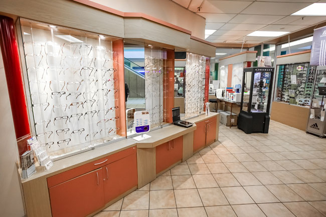 optometry office with glasses on display